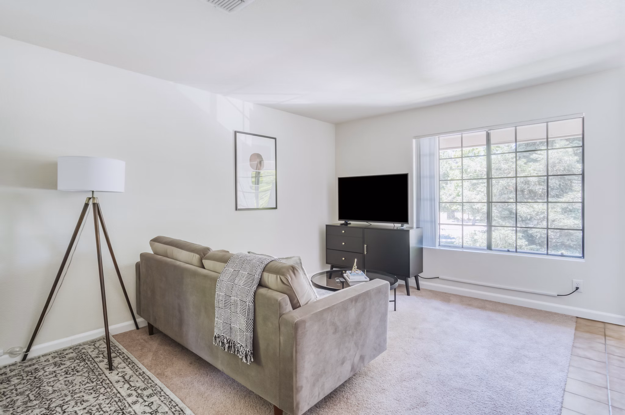 Spacious living area with modern furnishings in Ygnacio Village Apartments, offering comfort and style