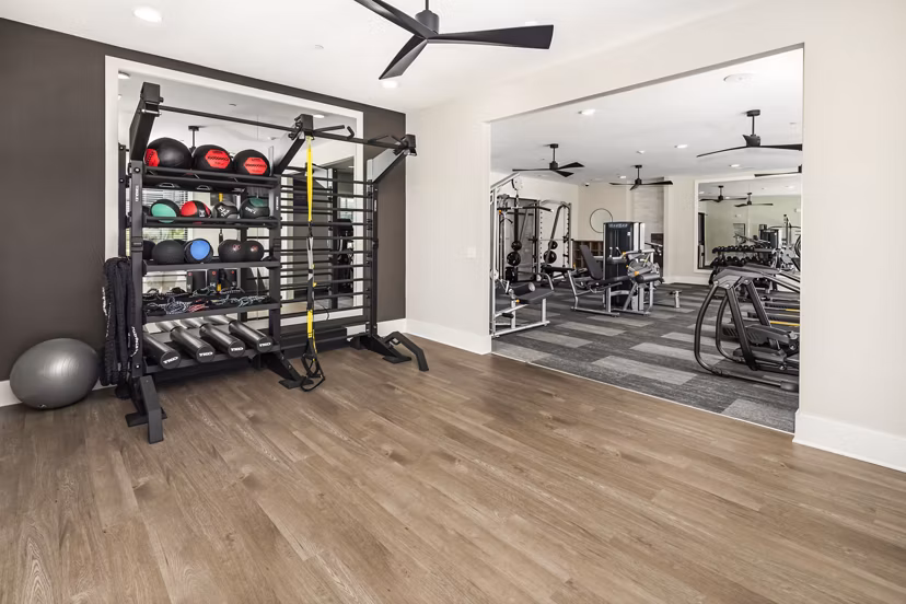 Fully-equipped fitness center at Arcadia at Symphony Park Apartments