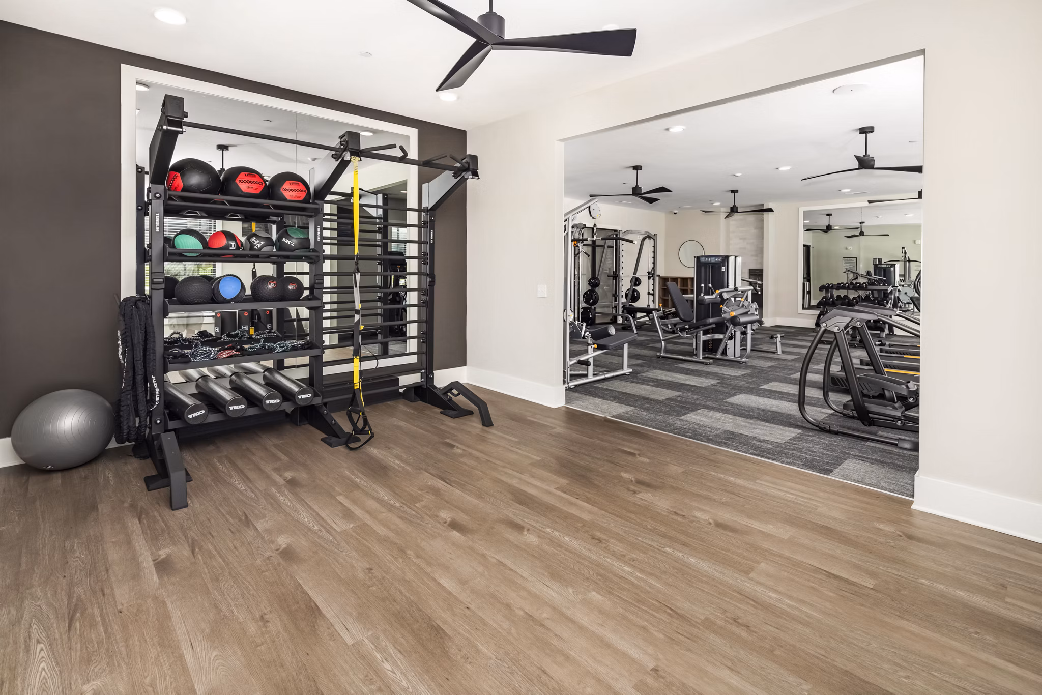 Fully-equipped fitness center at Arcadia at Symphony Park Apartments