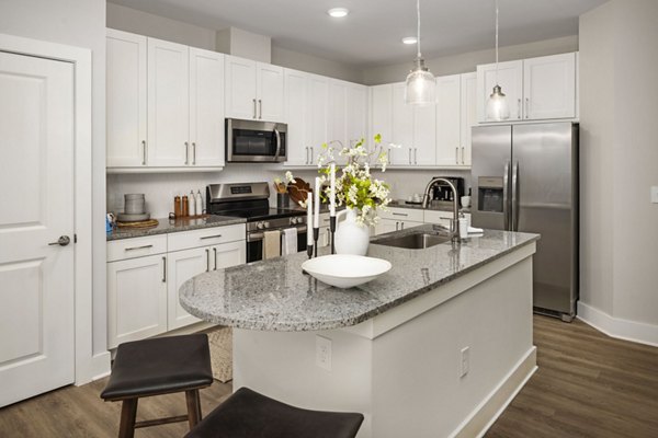 Modern kitchen with stainless steel appliances in Arcadia at Symphony Park Apartments