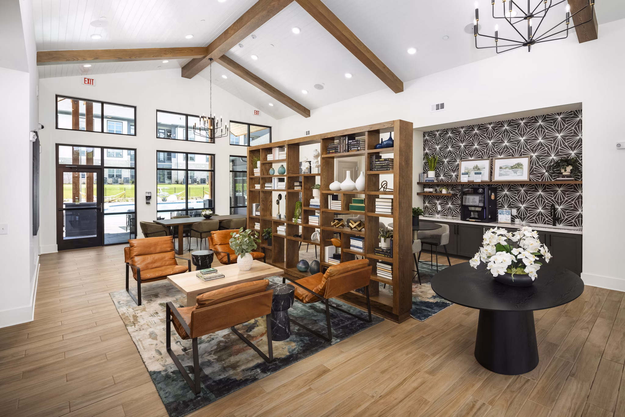Spacious living room with modern decor at Arcadia at Symphony Park Apartments
