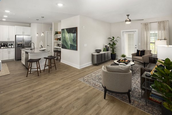Spacious living room with modern decor at Arcadia at Symphony Park Apartments