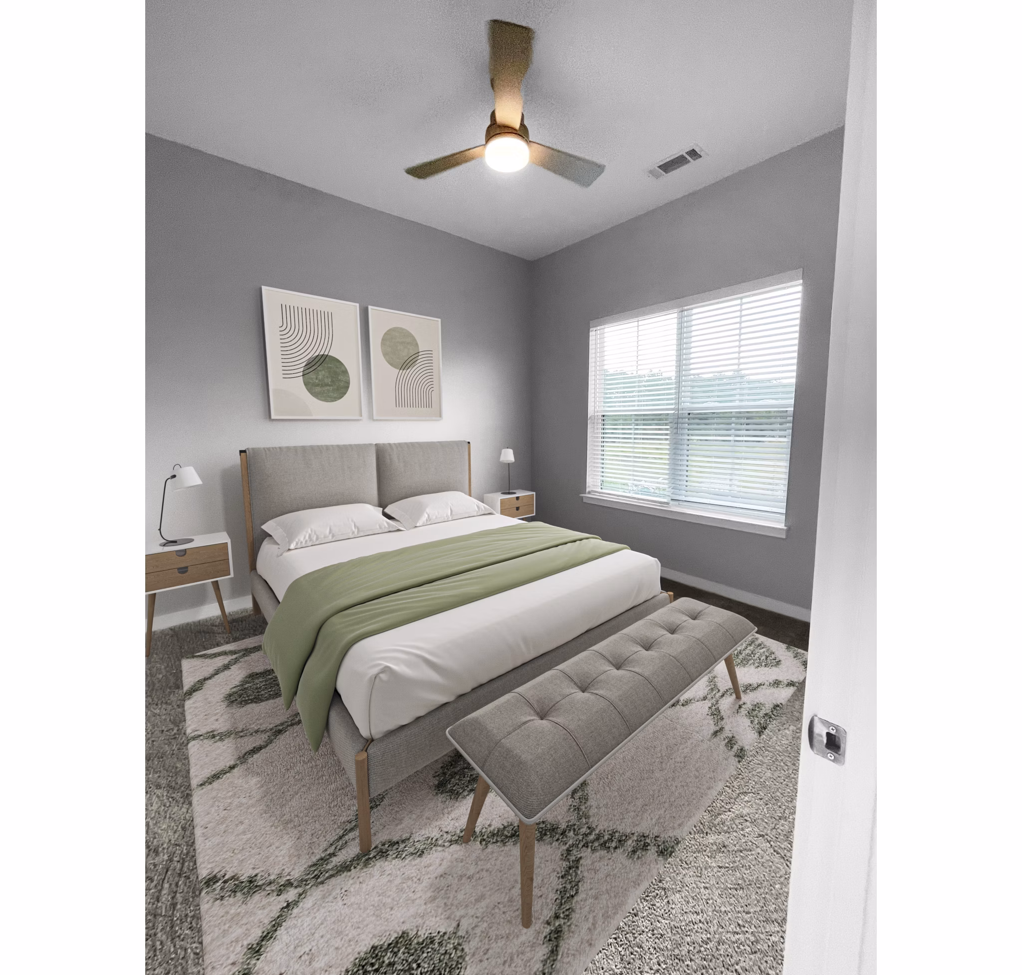 Cozy bedroom with modern decor and ample natural light at Camellia at One Nexton Apartments