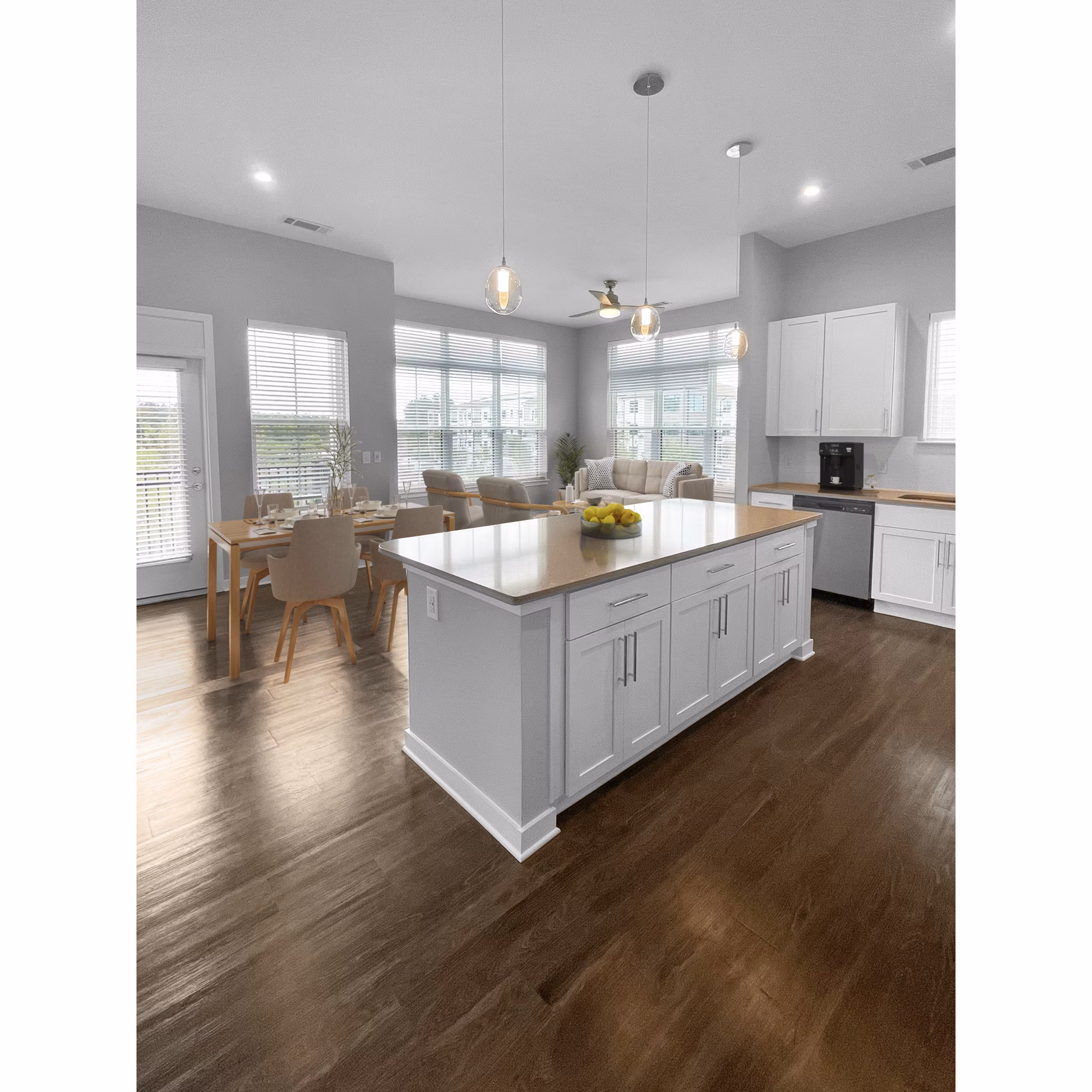 Clubhouse featuring modern decor and seating at Camellia at One Nexton Apartments, offering a luxury social space for residents