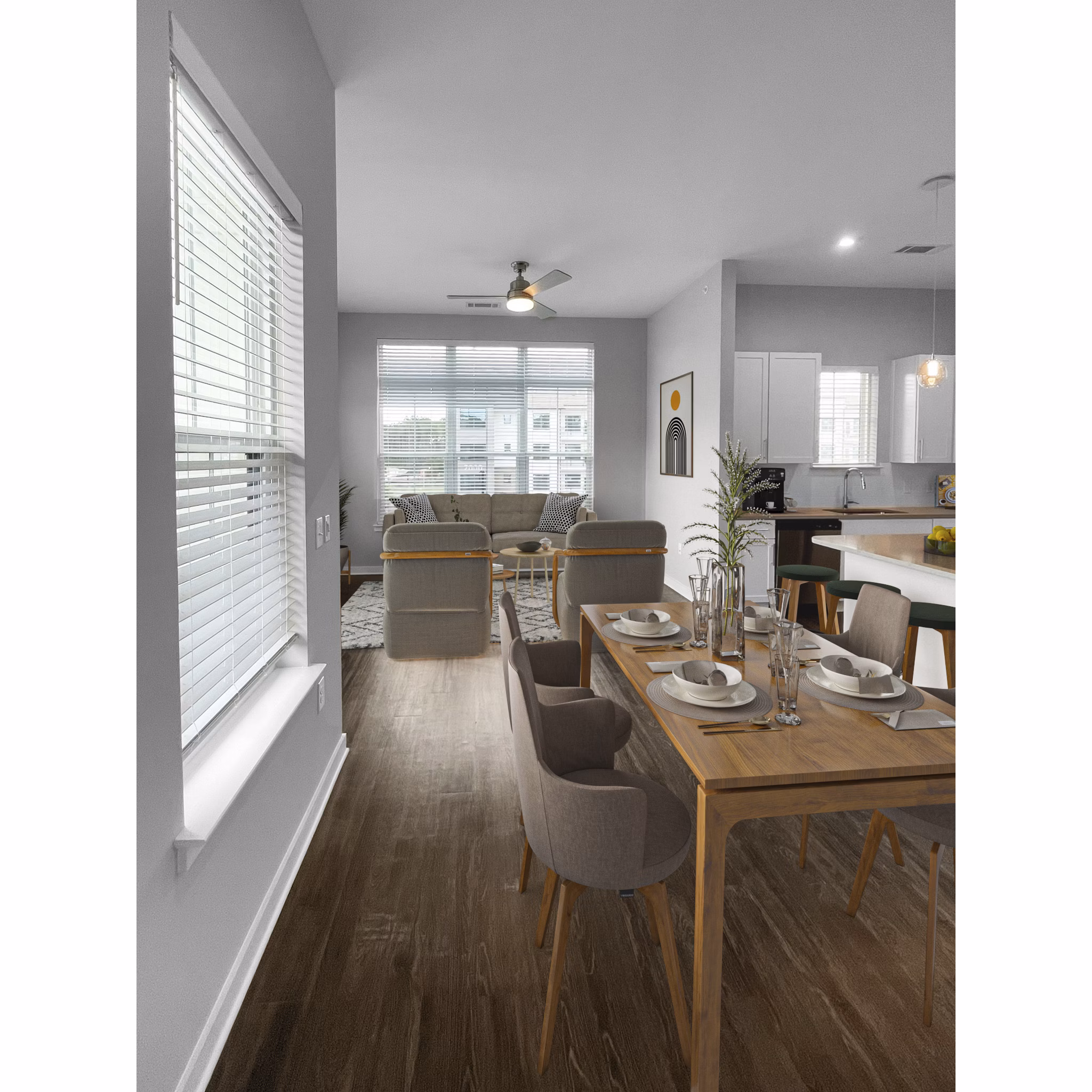 Dining room featuring modern furniture and stylish lighting at Camellia at One Nexton Apartments