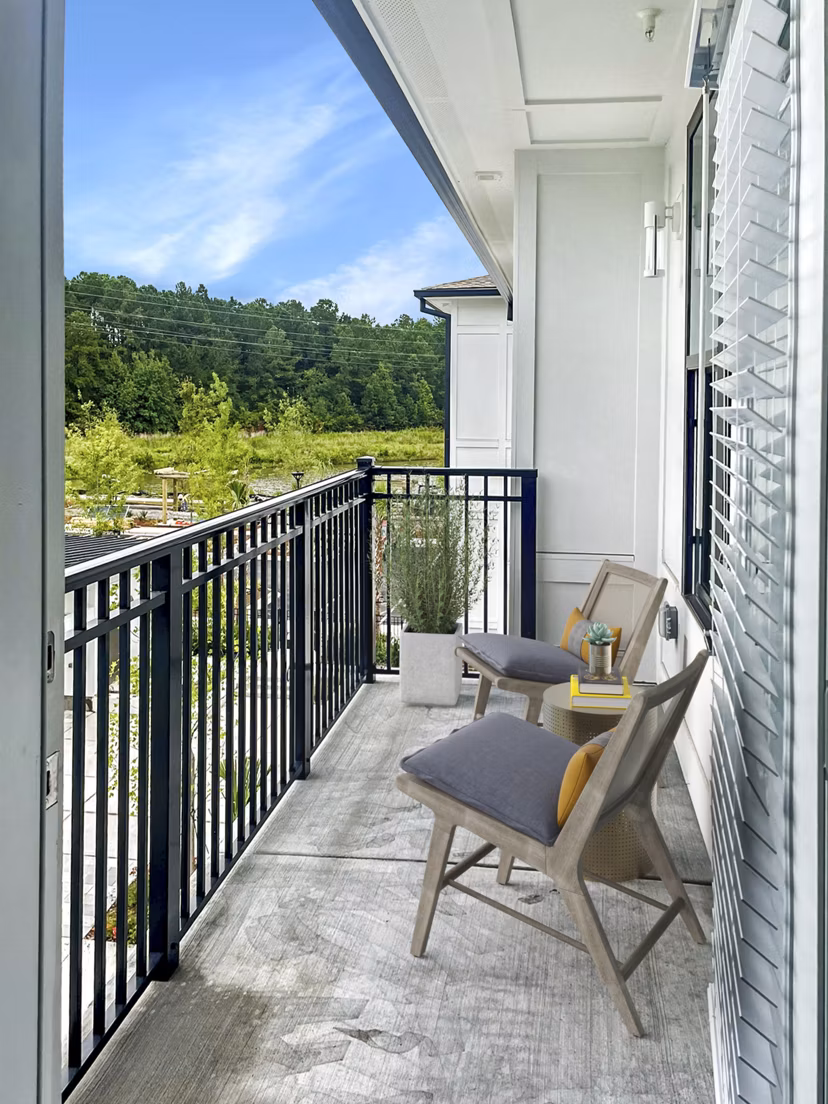 Patio featuring modern furniture at Camellia at One Nexton Apartments