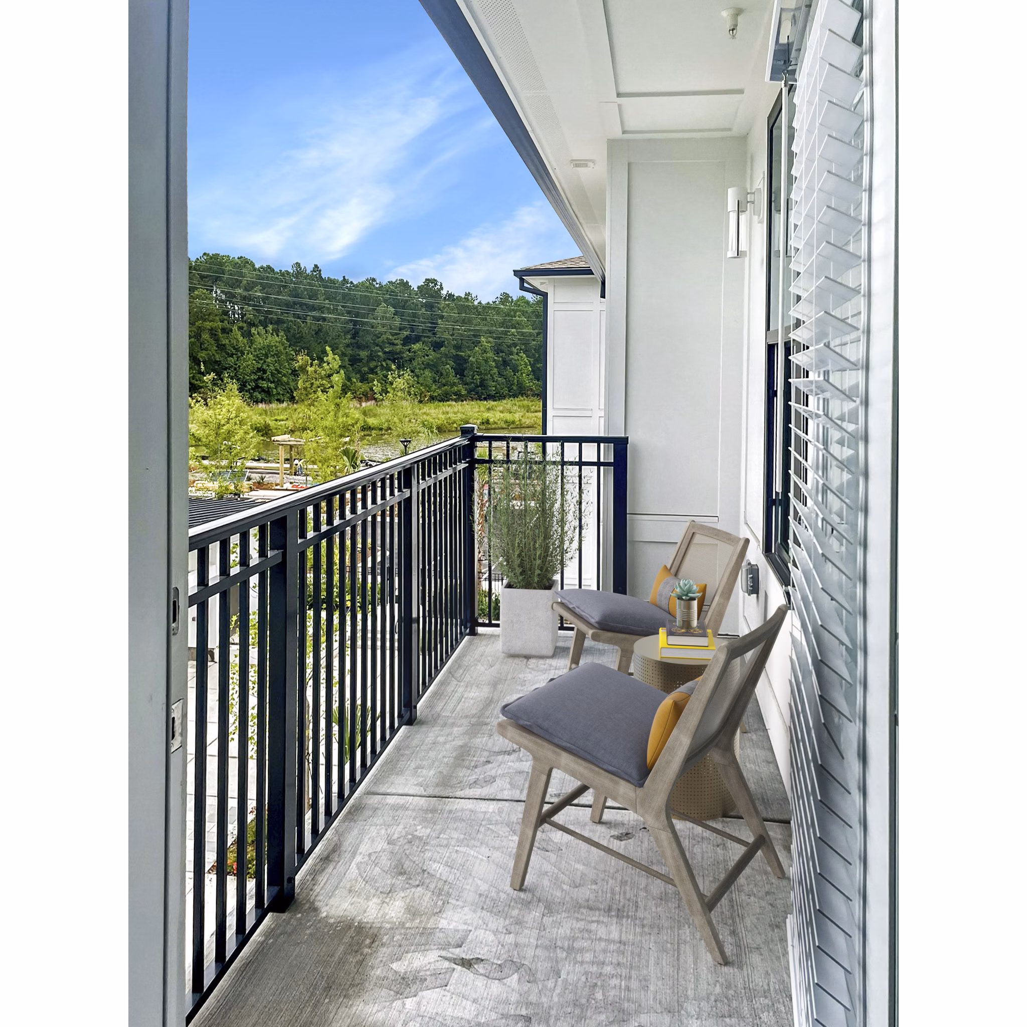 Patio featuring modern furniture at Camellia at One Nexton Apartments