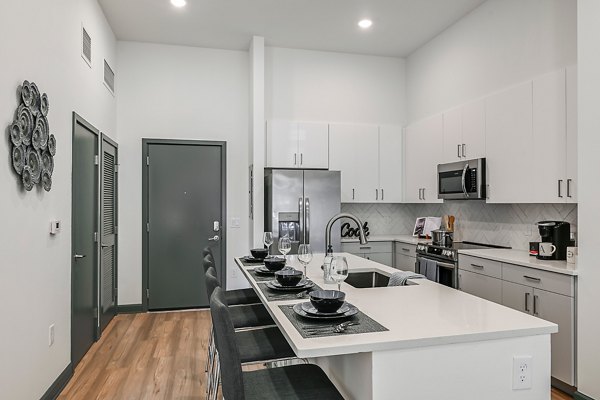 Modern kitchen with stainless steel appliances and sleek cabinetry in Apollo Apartments