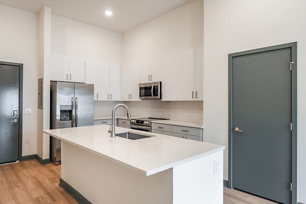 Contemporary kitchen with stainless steel appliances at Apollo Apartments, luxury living by Greystar