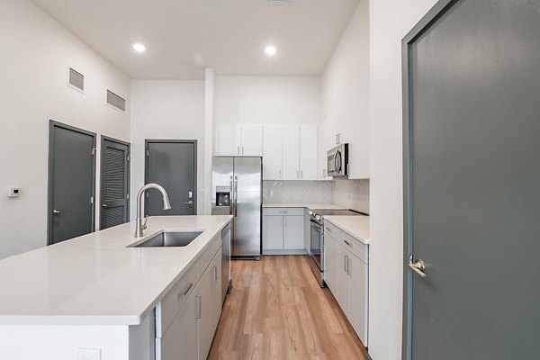 Apollo Apartments: Modern kitchen with stainless steel appliances and granite countertops