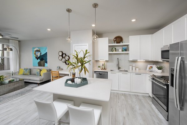 Modern kitchen with stainless steel appliances at SUR Lake Buena Vista Apartments