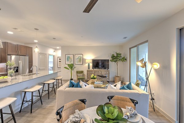 living room at The Pointe at Valley Ranch Town Center Apartments