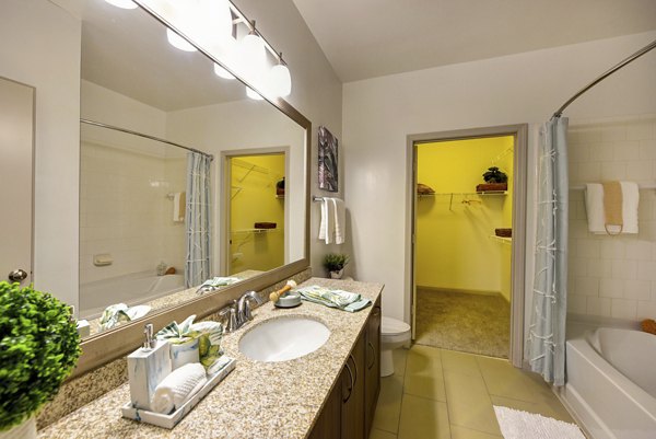 Bathroom featuring modern fixtures and sleek design at The Views at Harbortown Apartments