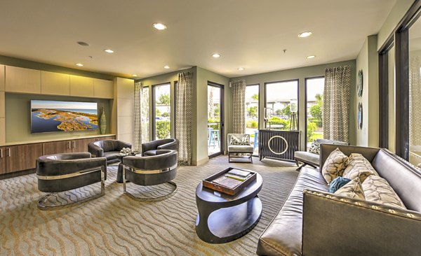 The Views at Harbortown: Modern clubhouse featuring luxurious decor and ample seating