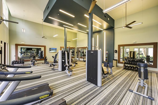 Well-equipped fitness center at The Views at Harbortown Apartments with modern gym facilities