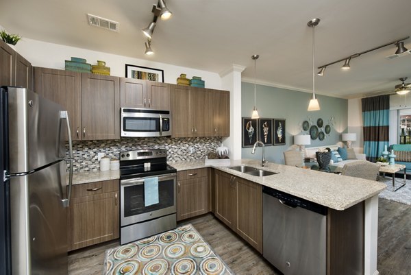 Kitchen with sleek countertops and modern appliances at The Views at Harbortown Apartments, offering luxury living spaces by the waterfront