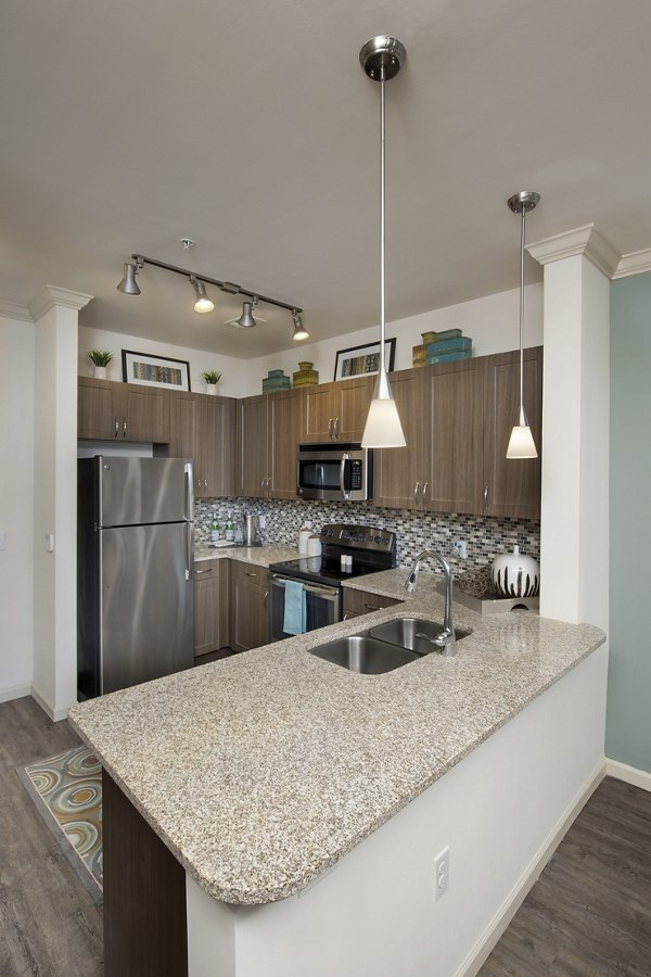Kitchen with modern appliances and granite countertops at The Views at Harbortown Apartments