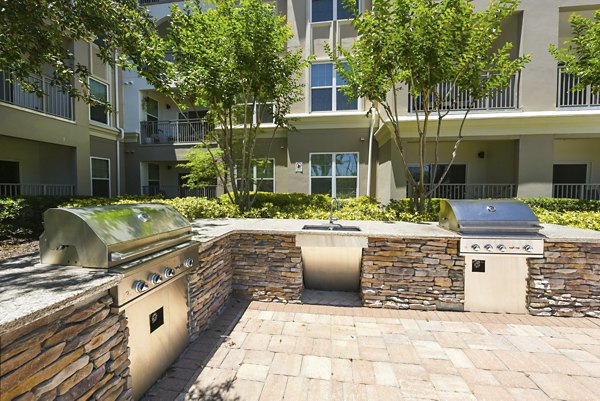 Grill area with seating at The Views at Harbortown Apartments, ideal for outdoor gatherings and socializing