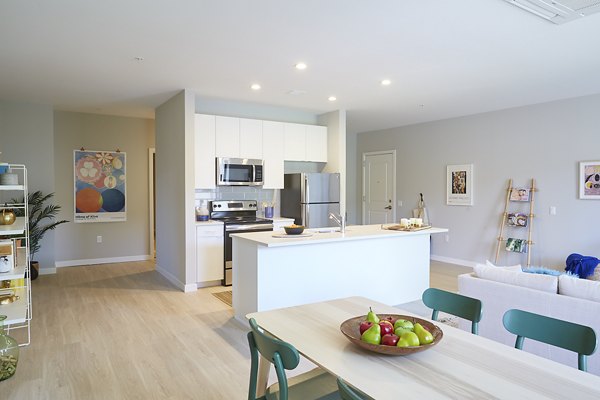 Kitchen featuring modern appliances and sleek countertops at The Highline Apartments