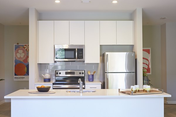 Modern kitchen featuring stainless steel appliances and sleek cabinetry in The Highline Apartments