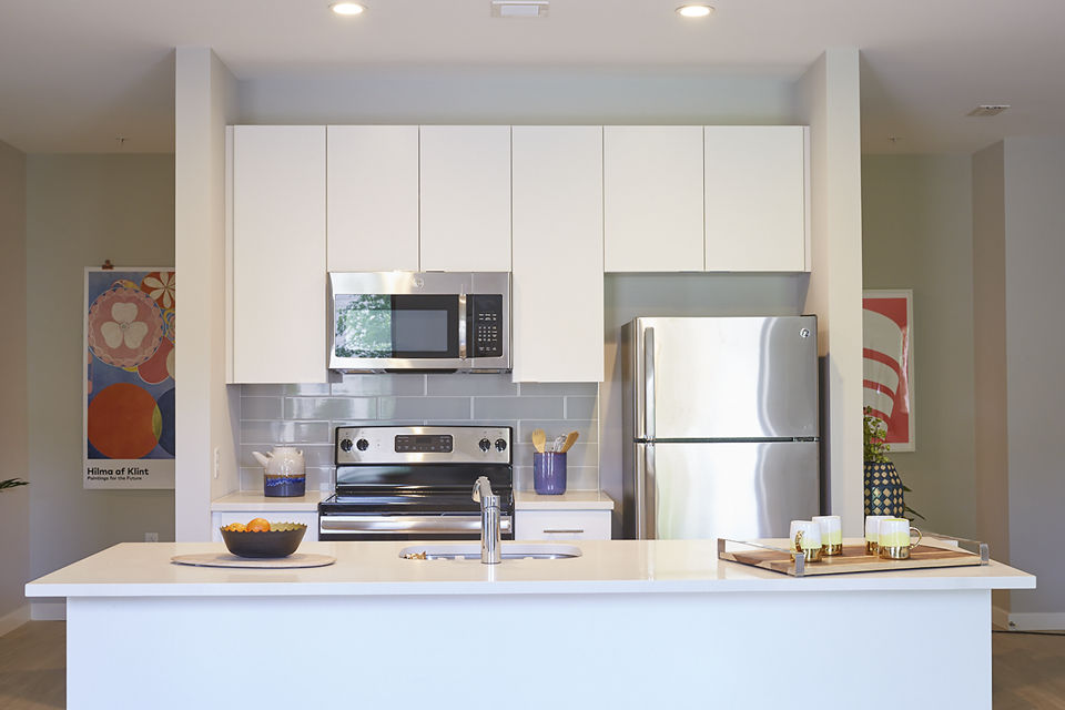 Modern kitchen featuring stainless steel appliances and sleek cabinetry in The Highline Apartments