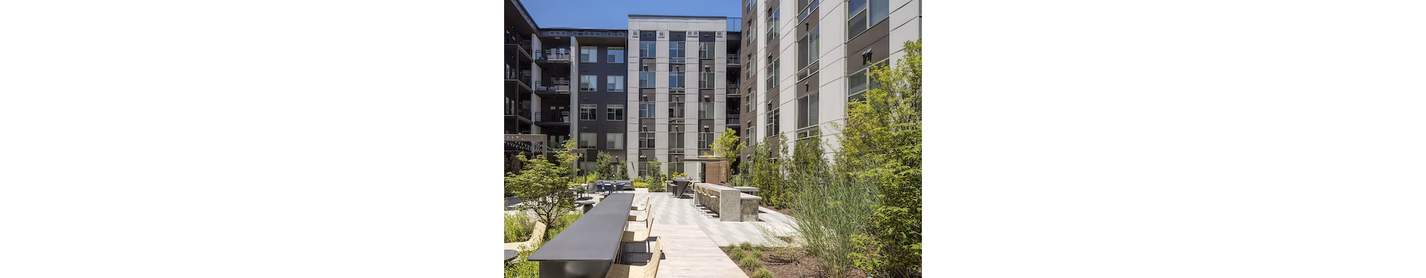 Tranquil courtyard with lush greenery at Union Heights Apartments, a luxury Greystar community
