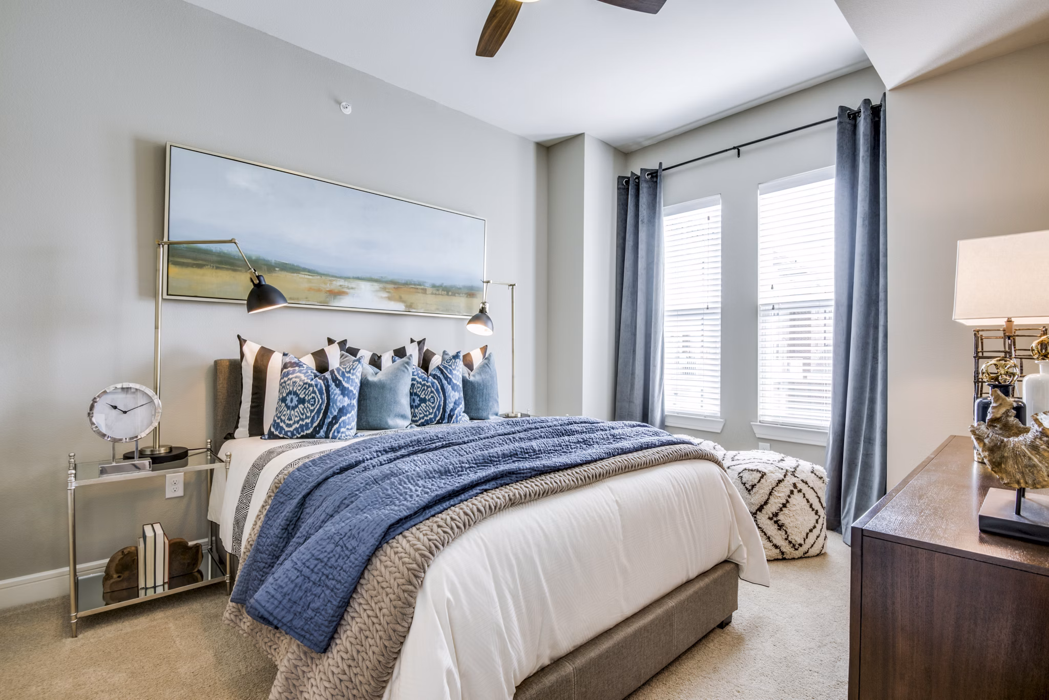 Cozy bedroom with modern design at The Kathryn Apartments