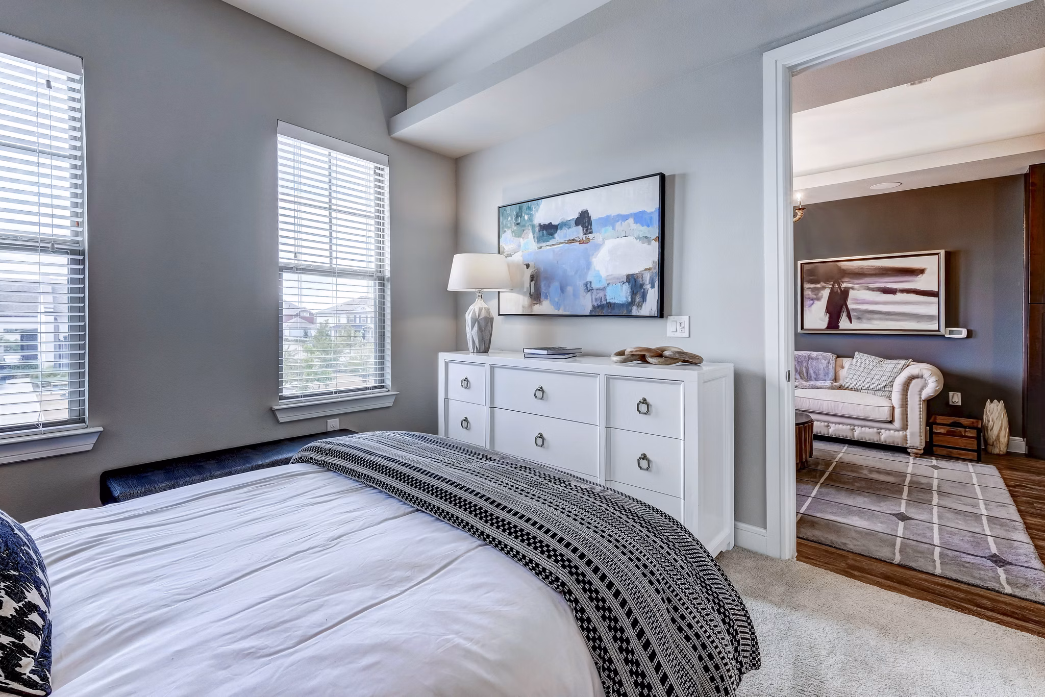 Cozy bedroom with modern decor in The Kathryn Apartments