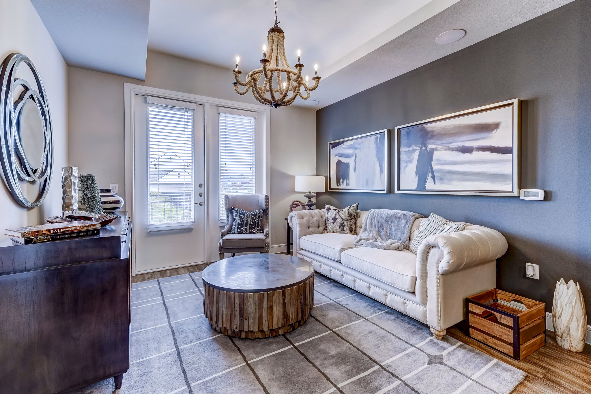 Spacious living room with modern decor at The Kathryn Apartments