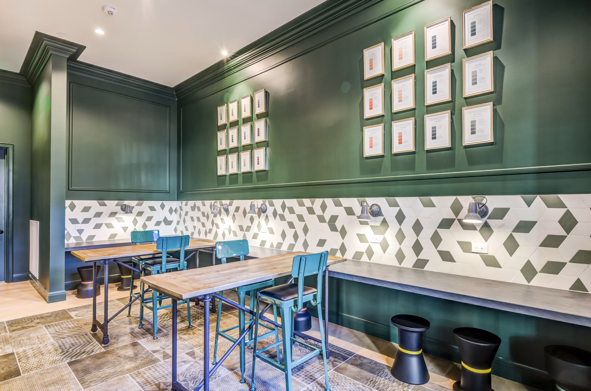 Clubhouse lobby with modern decor and seating at The Margo Apartments