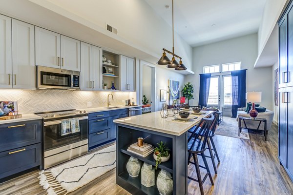 Modern kitchen with stainless steel appliances and granite countertops in The Margo Apartments