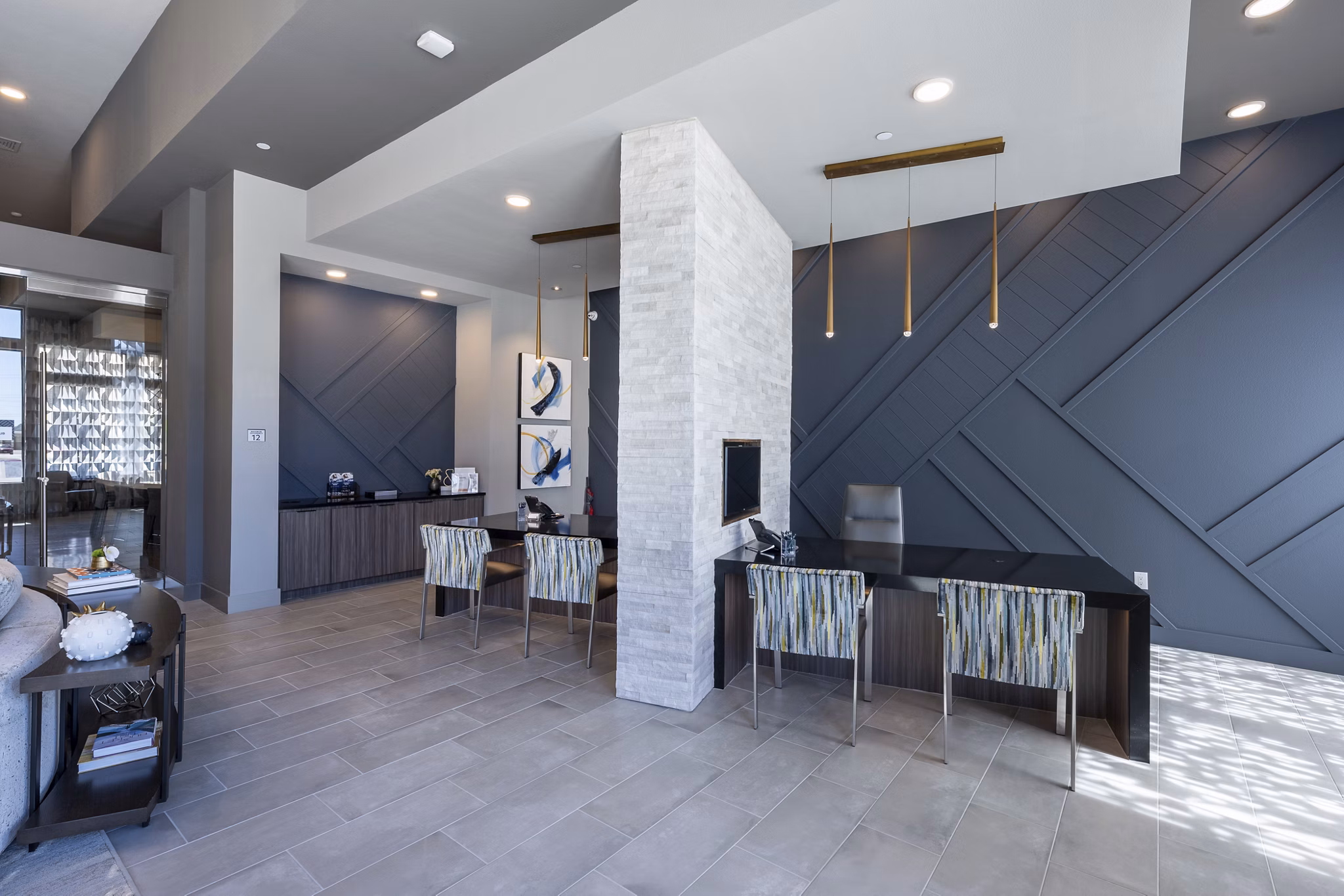 Clubhouse featuring modern decor and seating at Union House Apartments