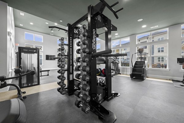 Modern fitness center with state-of-the-art equipment at Evermore Apartments; spacious facility for active living and wellness