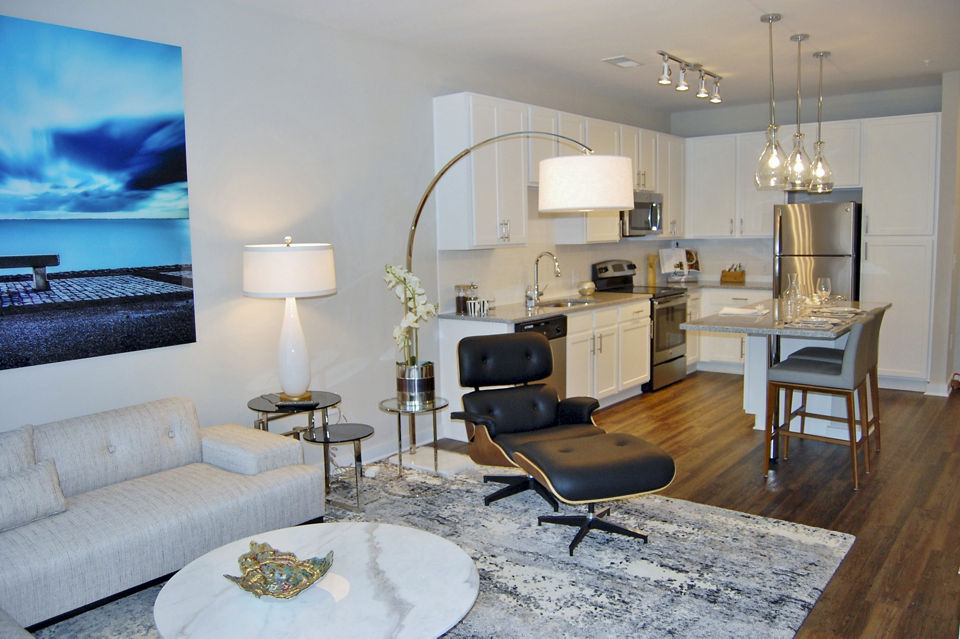 Spacious living room with stylish furniture and large windows in 5115 Park Place Apartments