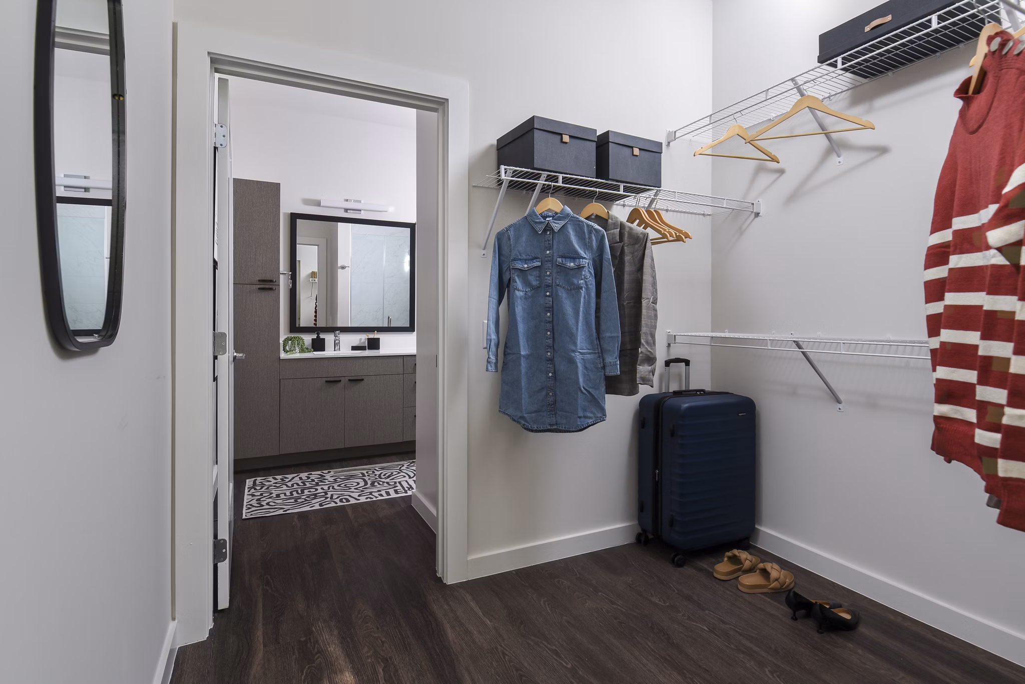Spacious closet with built-in shelving in bedroom at Alta 801 Apartments, a Greystar luxury community