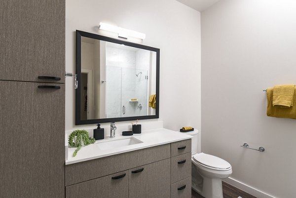 Luxurious bathroom with modern fixtures at Alta 801 Apartments, featuring sleek design and spacious layout