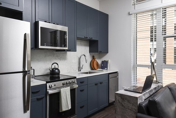 Contemporary kitchen with modern appliances at Alta 801 Apartments in spacious luxury setting