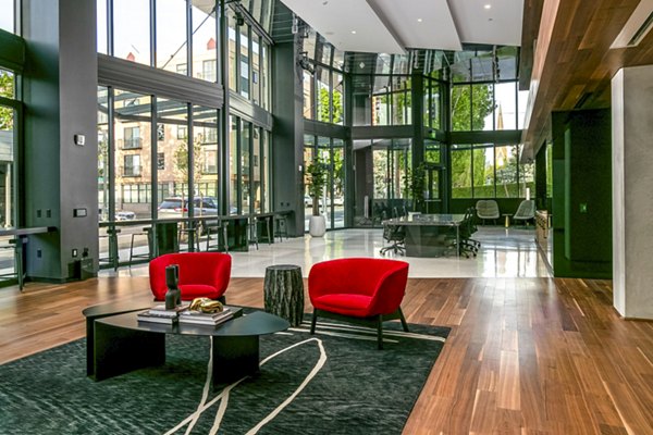 Clubhouse lobby with contemporary dÃ©cor at Alta ART Tower Apartments in the heart of the city