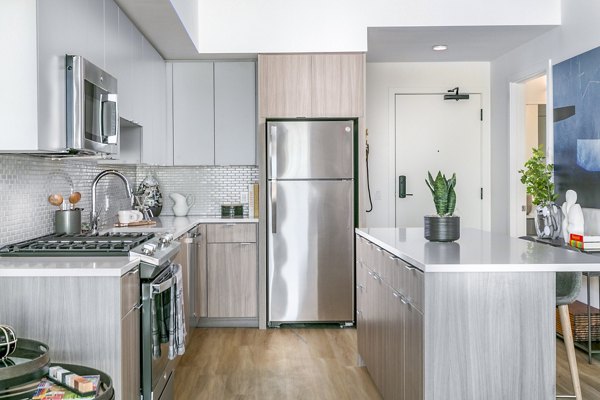 Modern kitchen with stainless steel appliances in Alta ART Tower Apartments, offering luxury living spaces in the heart of the city