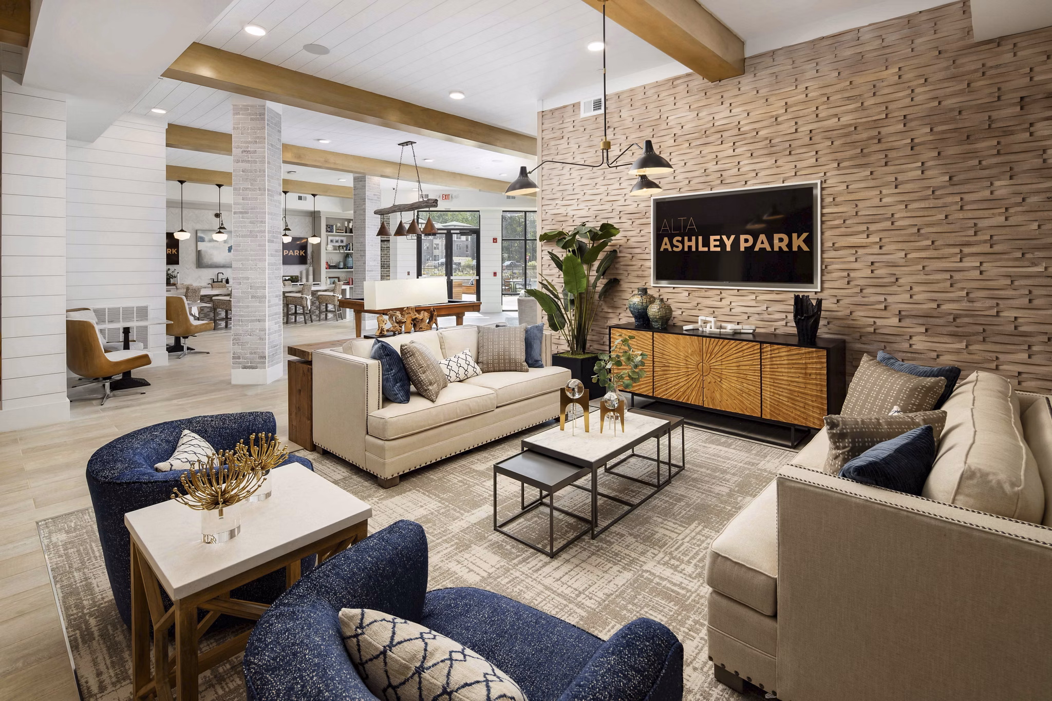 Modern clubhouse featuring elegant decor at Alta Ashley Park Apartments