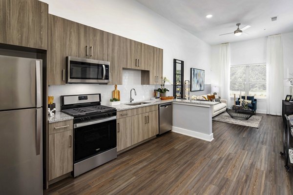 Modern kitchen with stainless steel appliances at Alta Ashley Park Apartments