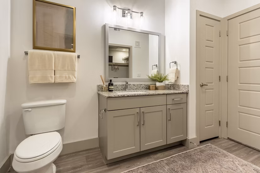 Modern bathroom with sleek fixtures and large mirror at Alta Berry Creek Apartments