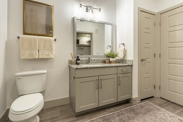 Modern bathroom with sleek fixtures and large mirror at Alta Berry Creek Apartments