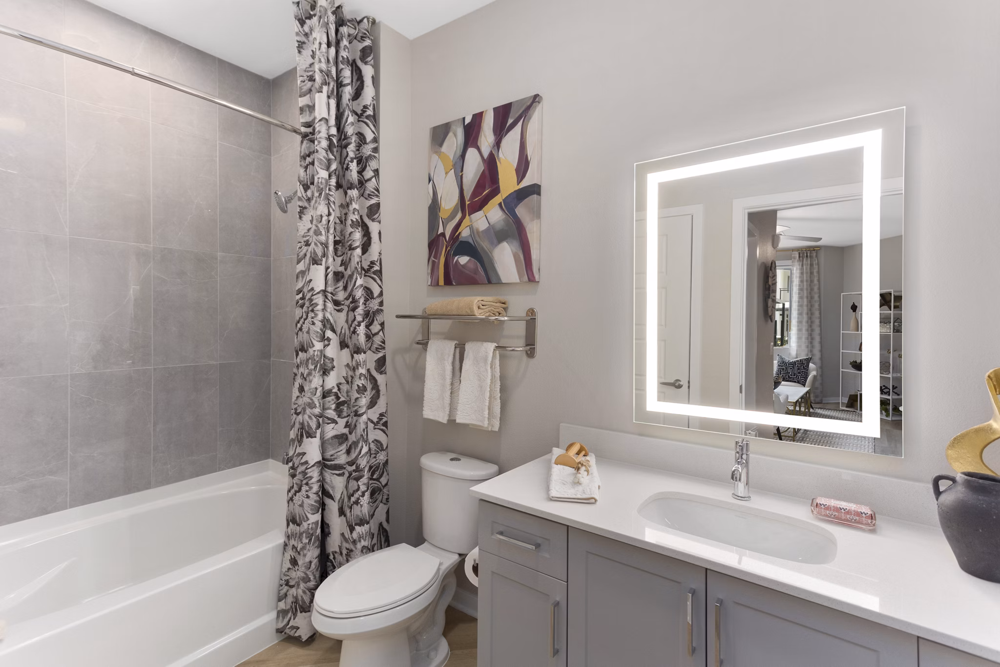 Alta Biltmore: Modern bathroom with sleek fixtures and ample storage space at luxury apartments in Phoenix
