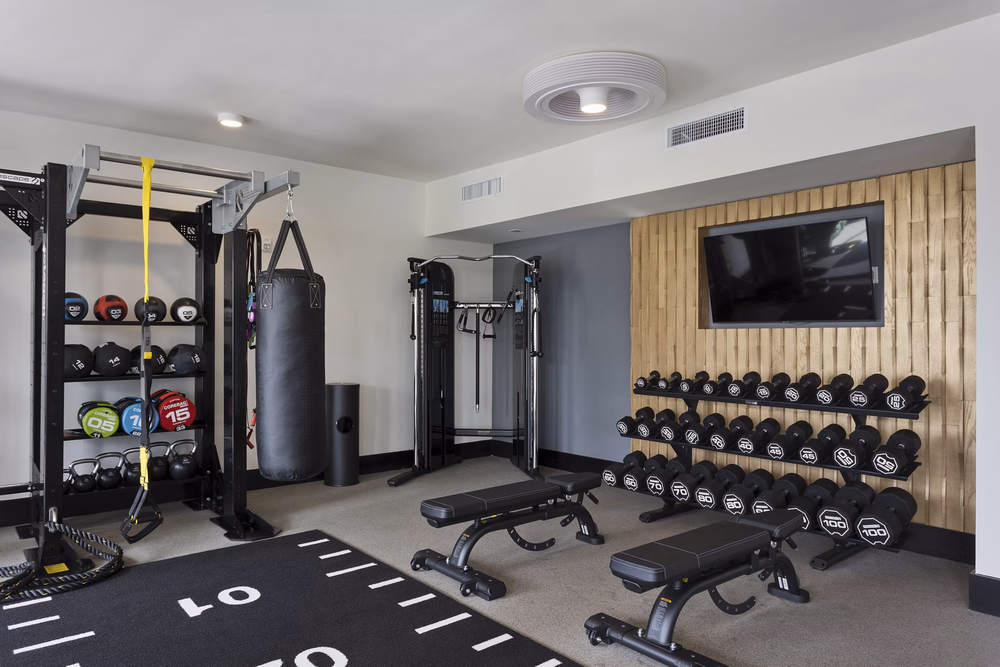 Modern fitness center equipped with state-of-the-art machines at Alta Biltmore Apartments, offering luxury living in a prime location