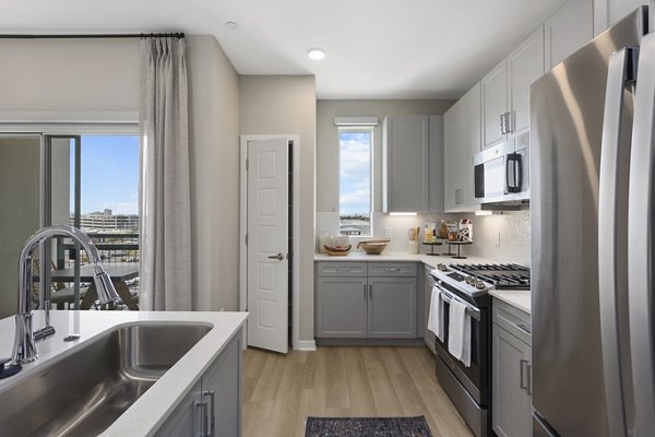 Modern kitchen with stainless steel appliances and gray cabinets in luxury apartment