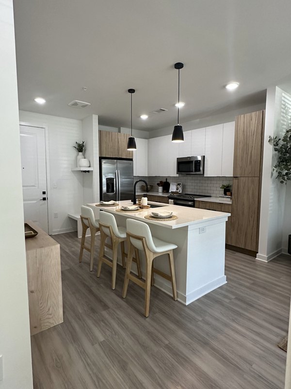 Sleek kitchen with stainless steel appliances at luxury Alta City Side Apartments
