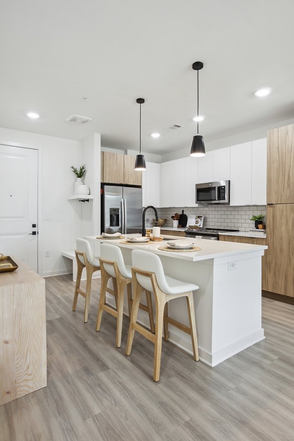 Modern kitchen featuring stainless steel appliances and granite countertops at Alta City Side Apartments