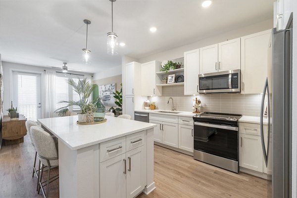 Sleek kitchen with stainless steel appliances and modern cabinetry at Alta Citron Apartments, luxury living by Greystar