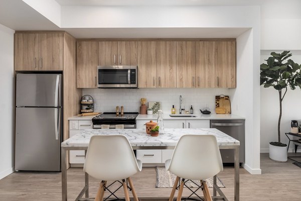 Modern kitchen with quartz countertops and stainless steel appliances at Alta Civic Station luxury apartments